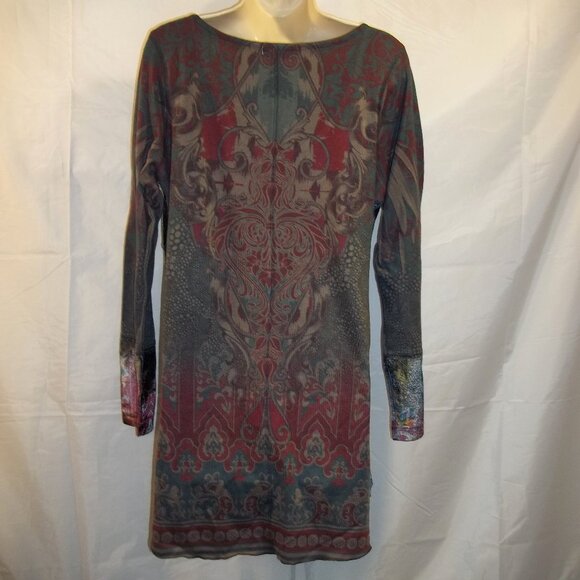 One World Womens Top Blouse Size Large Paisley V-Neck Long Sleeve Gray Burgundy - Picture 2 of 6
